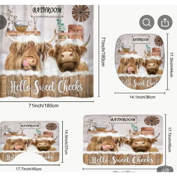 Highland cow Farmhouse shower curtain plus rugs toilet cover 4 piece set NWT Hel - Picture 2 of 8